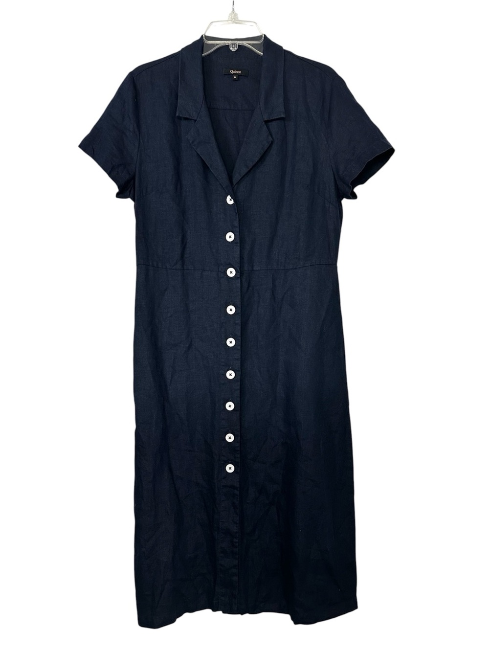 Quince Dress Navy 100% Linen Short Sleeves Button Front Midi Size Medium *Flaws